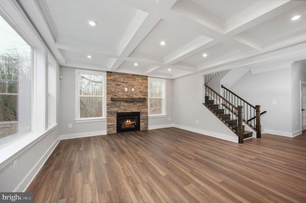 Empty room, Fireplace, Interior, Recessed Lighting, Wood Texture Flooring