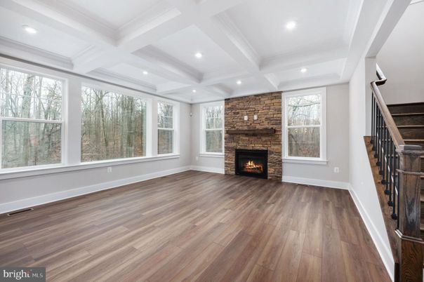 Empty room, Fireplace, Interior, Recessed Lighting, Wood Texture Flooring