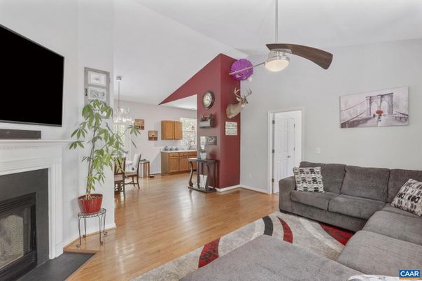 Dining room, Fireplace, Interior, Living room, Pendant Lights, Wood Texture Flooring