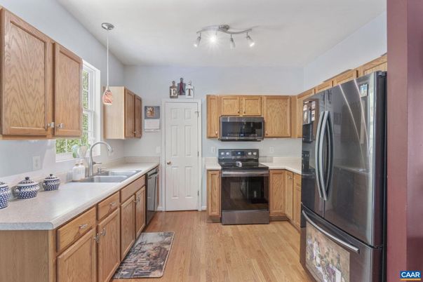 Interior, Kitchen, Pendant Lights, Stainless Steel Appliances, Wood Texture Flooring