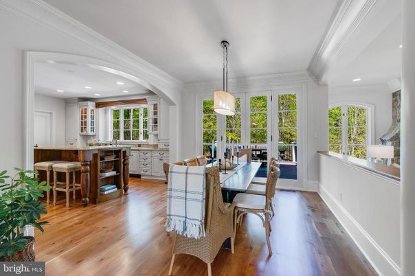 Dining room, Interior, Kitchen, Pendant Lights, Recessed Lighting, Wood Texture Flooring