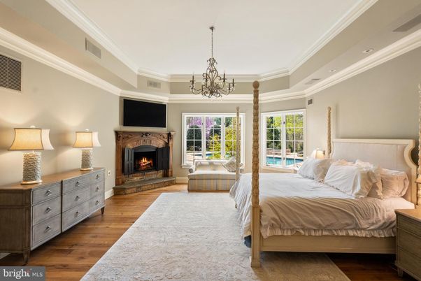 Bedroom, Chandelier, Fireplace, Interior, Wood Texture Flooring