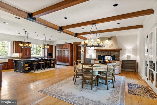Chandelier, Dining room, Fireplace, Interior, Kitchen, Recessed Lighting, Wooden Beams, Wood Texture Flooring