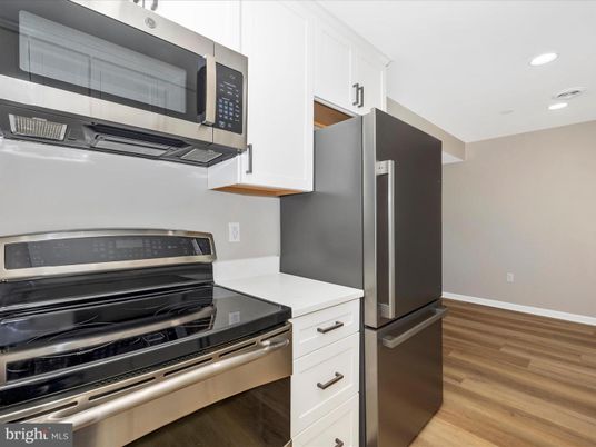 Interior, Kitchen, Recessed Lighting, Stainless Steel Appliances, Wood Texture Flooring