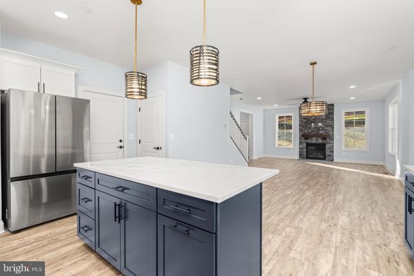 Fireplace, Interior, Kitchen, Pendant Lights, Recessed Lighting, Stainless Steel Appliances, Wood Texture Flooring
