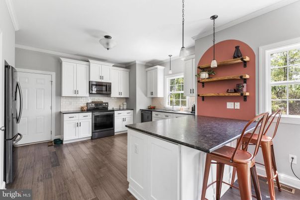 Interior, Kitchen, Pendant Lights, Stainless Steel Appliances, Wood Texture Flooring