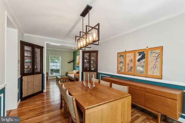 Dining room, Interior, Pendant Lights, Recessed Lighting, Wood Texture Flooring