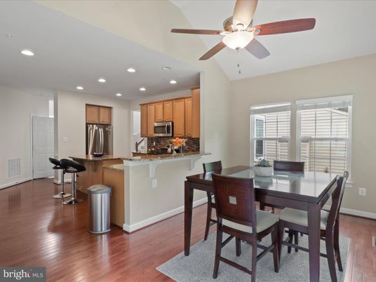Dining room, Interior, Kitchen, Recessed Lighting, Stainless Steel Appliances, Wood Texture Flooring