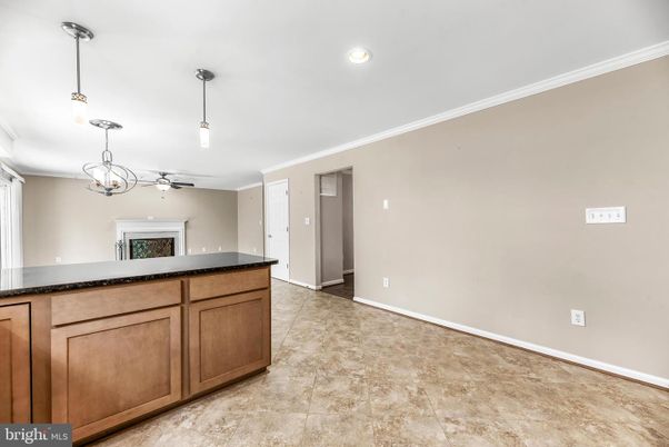 Empty room, Fireplace, Interior, Kitchen, Pendant Lights, Recessed Lighting