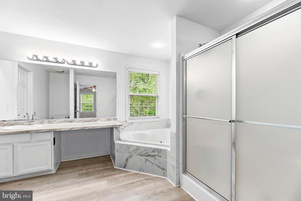 Bathroom, Glass Shower, Interior, Recessed Lighting, Wood Texture Flooring