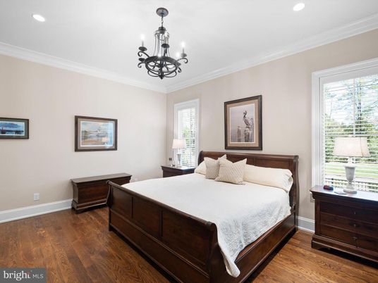 Bedroom, Chandelier, Interior, Recessed Lighting, Wood Texture Flooring