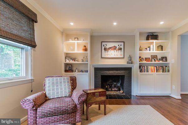 Fireplace, Home Office, Interior, Recessed Lighting, Wood Texture Flooring