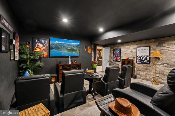 Home Theatre Room, Interior, Projection Screen, Recessed Lighting, Stone Walls, Theatre Room