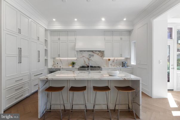 Interior, Kitchen, Marble Walls, Recessed Lighting, Wood Texture Flooring