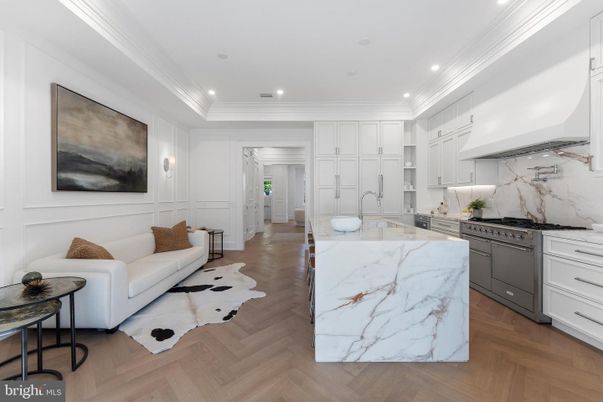 Interior, Kitchen, Living room, Marble Walls, Recessed Lighting, Wood Texture Flooring