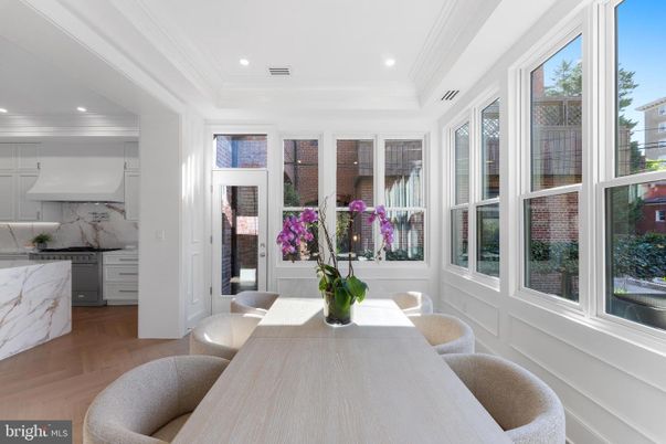 Dining room, Interior, Marble Walls, Recessed Lighting, Wood Texture Flooring