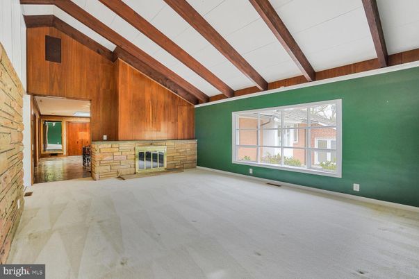 Empty room, Fireplace, Interior, Stone Walls, Wooden Beams, Wooden Walls