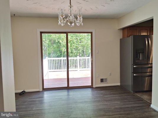 Chandelier, Empty room, Interior, Kitchen, Stainless Steel Appliances, Wood Texture Flooring