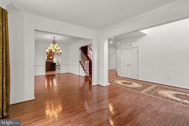 Chandelier, Empty room, Interior, Recessed Lighting, Wood Texture Flooring