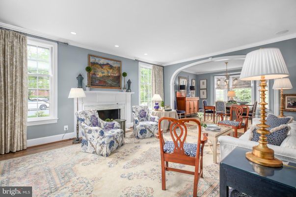 Dining room, Fireplace, Interior, Living room, Recessed Lighting, Wood Texture Flooring