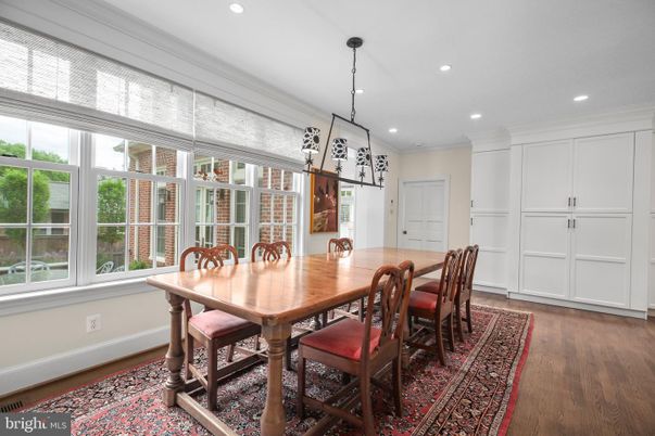 Dining room, Interior, Pendant Lights, Recessed Lighting, Wood Texture Flooring