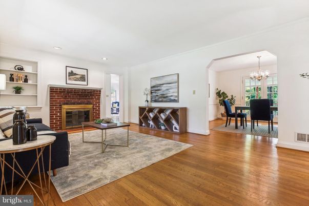 Chandelier, Dining room, Fireplace, Interior, Living room, Recessed Lighting, Wood Texture Flooring
