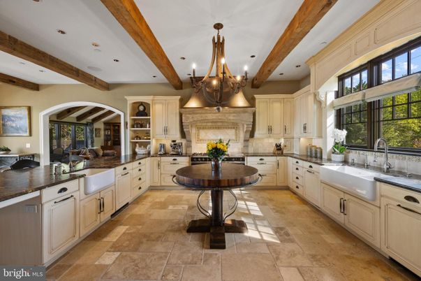 Chandelier, Interior, Kitchen, Recessed Lighting, Stainless Steel Appliances, Wooden Beams