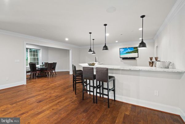 Dining room, Interior, Pendant Lights, Recessed Lighting, Wood Texture Flooring