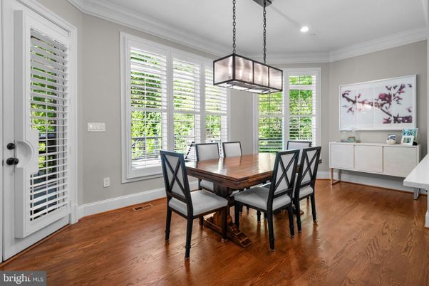 Dining room, Interior, Pendant Lights, Recessed Lighting, Wood Texture Flooring