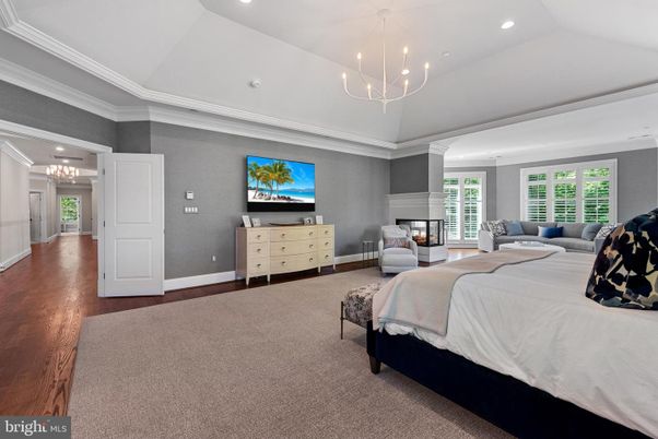 Bedroom, Chandelier, Interior, Pendant Lights, Recessed Lighting, Wood Texture Flooring