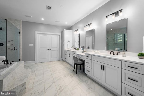 Bathroom, Dual Sink Vanities, Glass Shower, Interior, Marble, Recessed Lighting