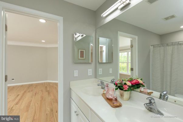 Bathroom, Dual Sink Vanities, Interior, Recessed Lighting, Wood Texture Flooring