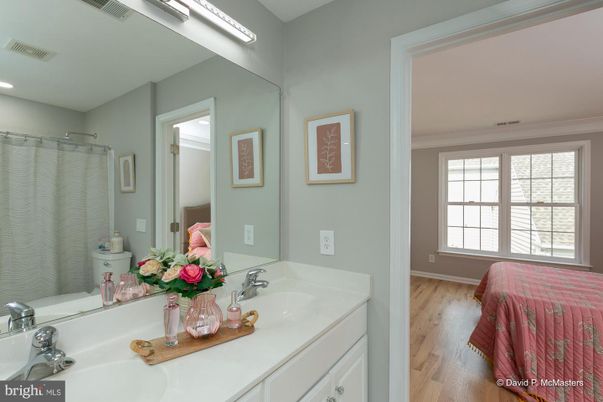 Bathroom, Dual Sink Vanities, Interior, Recessed Lighting, Wood Texture Flooring