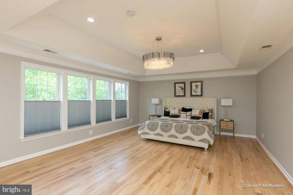 Bedroom, Chandelier, Interior, Recessed Lighting, Wood Texture Flooring