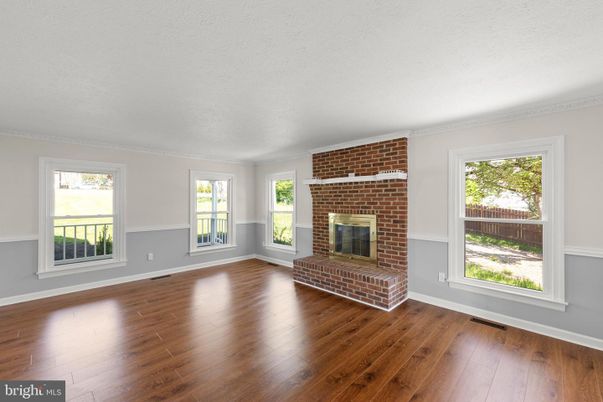 Empty room, Fireplace, Interior, Stone Walls, Wood Texture Flooring