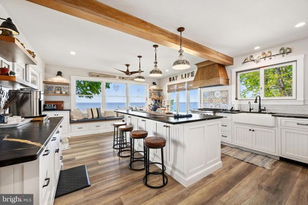Interior, Kitchen, Pendant Lights, Recessed Lighting, Water, Wooden Beams, Wood Texture Flooring