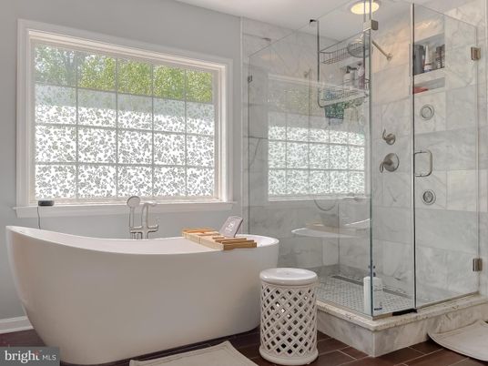 Bathroom, Free Standing Baths, Glass Shower, Interior, Marble Walls