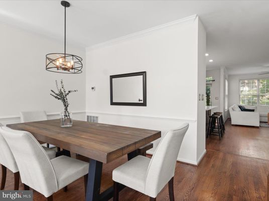 Dining room, Interior, Living room, Pendant Lights, Recessed Lighting, Wood Texture Flooring