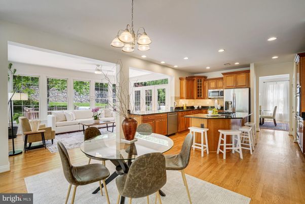 Chandelier, Dining room, Interior, Kitchen, Living room, Recessed Lighting, Stainless Steel Appliances, Wood Texture Flooring