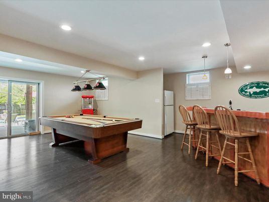 Billiard Table, Game Room, Interior, Pendant Lights, Recessed Lighting, Wood Texture Flooring