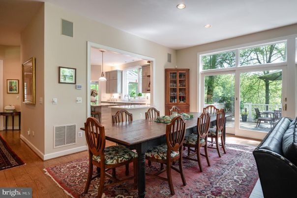 Dining room, Interior, Kitchen, Pendant Lights, Recessed Lighting, Wood Texture Flooring
