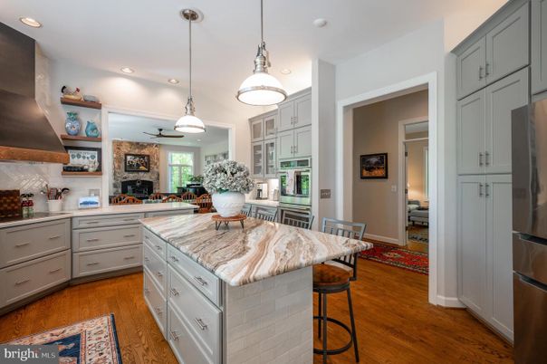 Fireplace, Interior, Kitchen, Pendant Lights, Recessed Lighting, Wood Texture Flooring
