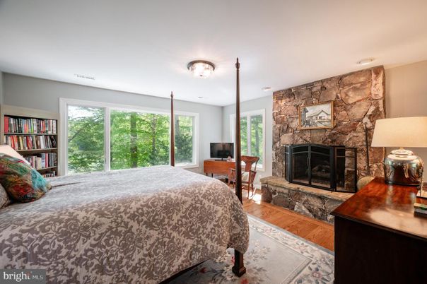 Bedroom, Fireplace, Interior, Stone Walls, Wood Texture Flooring