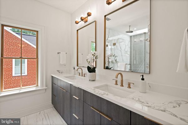 Bathroom, Dual Sink Vanities, Glass Shower, Interior, Marble, Marble Walls