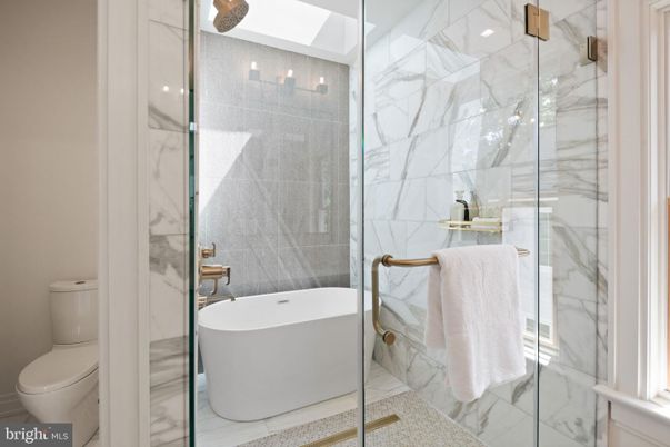 Bathroom, Free Standing Baths, Glass Shower, Interior, Marble Walls