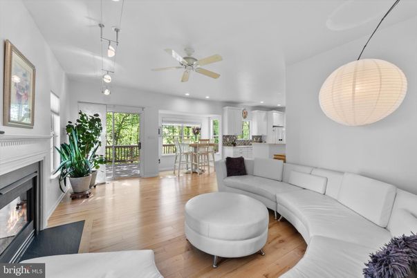 Dining room, Fireplace, Interior, Kitchen, Living room, Pendant Lights, Recessed Lighting, Wood Texture Flooring