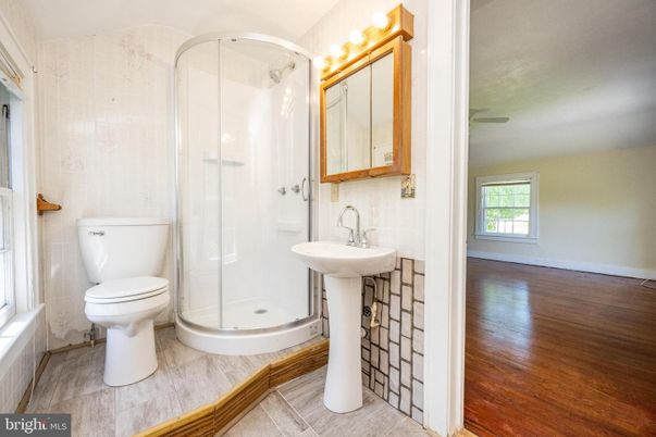 Bathroom, Glass Shower, Interior, Wood Texture Flooring