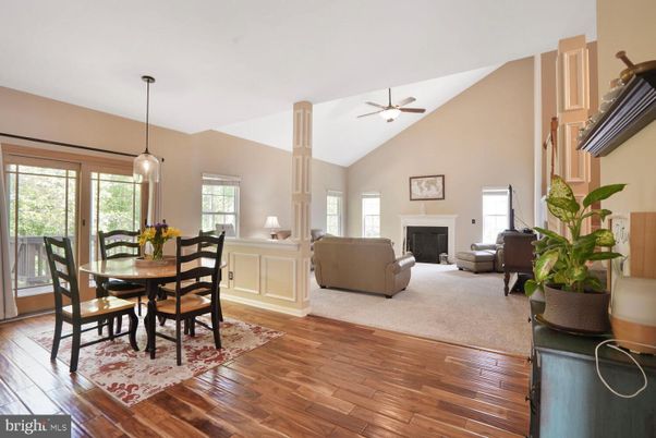 Dining room, Fireplace, Interior, Living room, Pendant Lights, Wood Texture Flooring