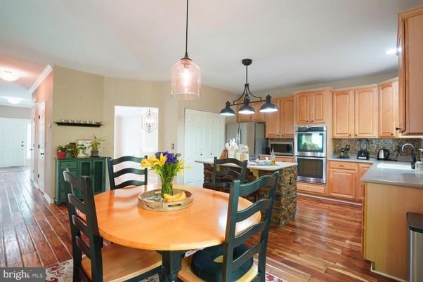Dining room, Interior, Kitchen, Pendant Lights, Wood Texture Flooring