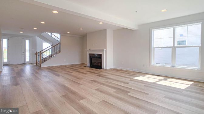 Empty room, Fireplace, Interior, Recessed Lighting, Wood Texture Flooring